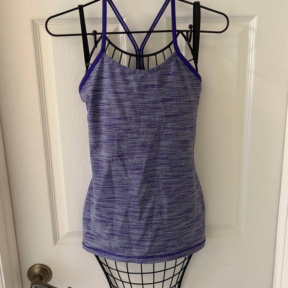 Lululemon Power Y Tank Womens 4 Purple Stripe Built In Bra Yoga Workout Top